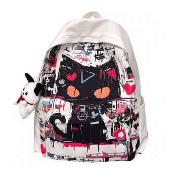 Graffiti Black Cat Backpack - Korean Style, Large Capacity